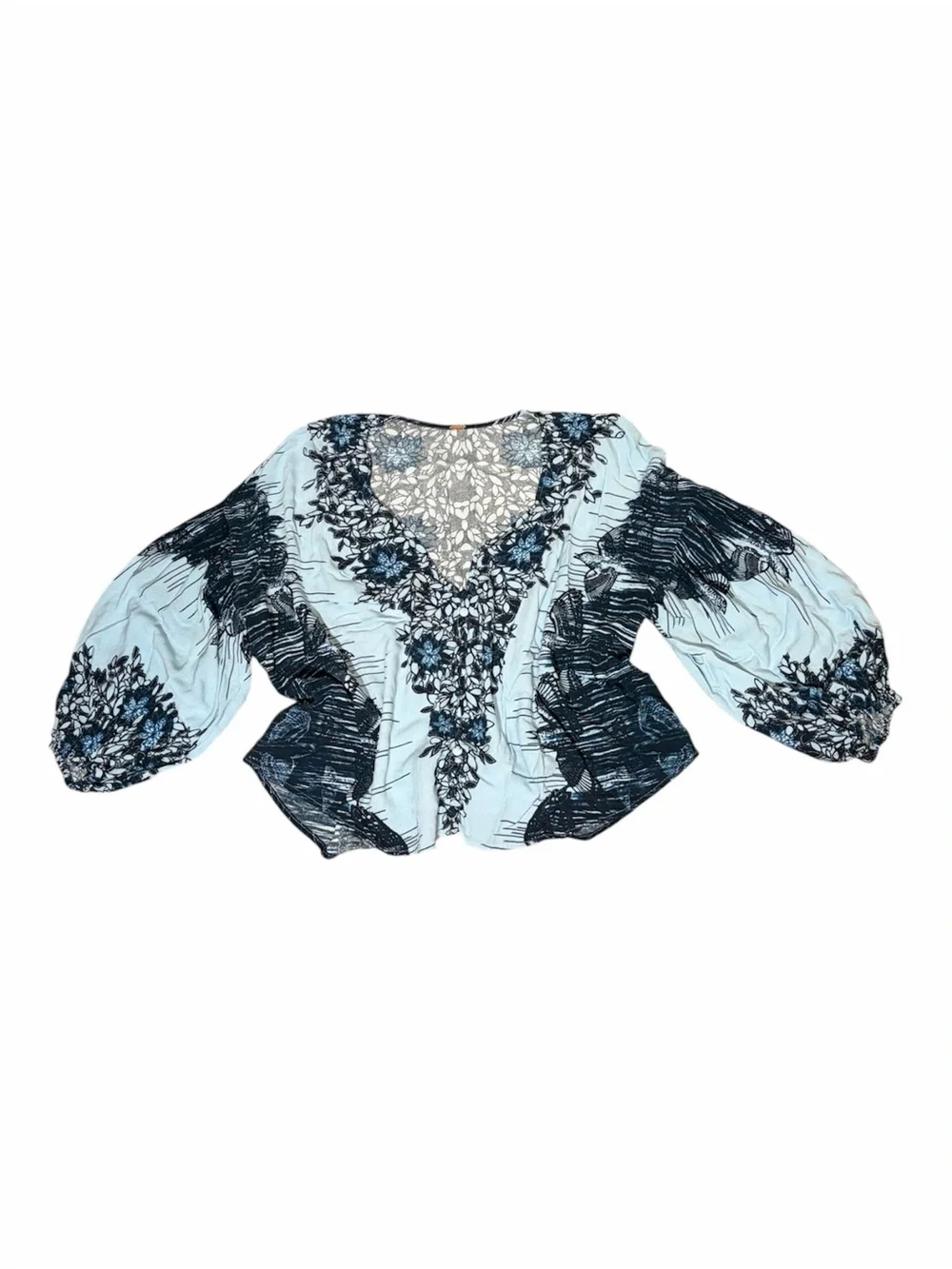 Light Blue Floral V-Neck Puff Sleeve Top